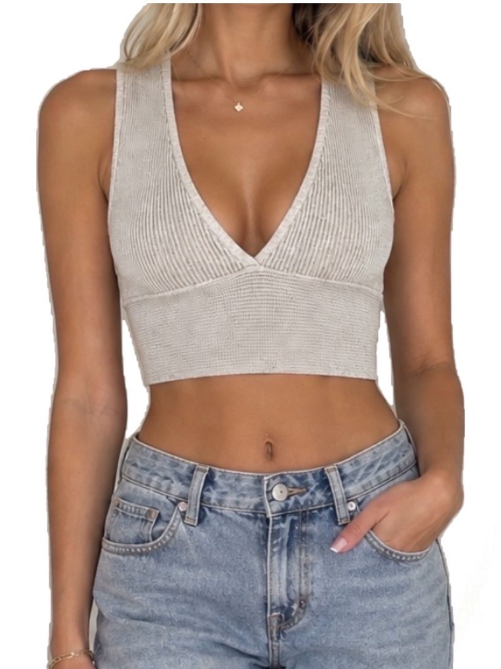 Aritzia babaton Ribbed V-Neck Crop Top - Light Cream